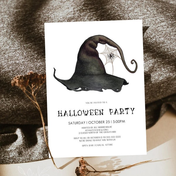 Minimalist Halloween Party Invitation Template, Witch's Hat Halloween Party Invitation Editable Printable Adult Teen Instant Download AH