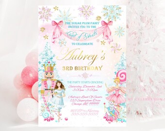 Girl's Nutcracker Birthday Invitation Ballet Christmas Birthday Invite Pink Girl Sugar Plum Fairy Download Printable Template Corjl NT