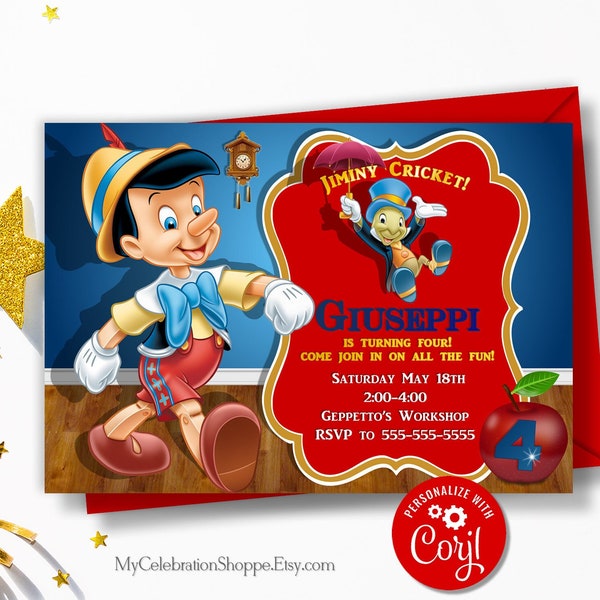 EDITABLE Pinocchio Invitation, Pinocchio Invitation, Jiminy Cricket Invitation, Jiminy Cricket, Pinocchio, Birthday, Corjl Instant Download