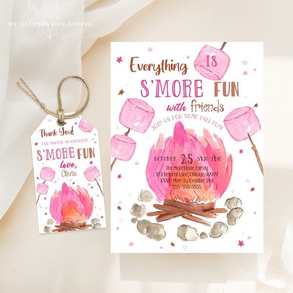 EDITABLE Everything is S'more Fun Party Invitation Template, Girl's Pink Camping S'more Fun Invitation, Roasting Marshmallows Invite S1