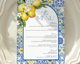 Menu di nozze italiano al limone modificabile, modello di menu con piastrelle blu mediterranee, menu di nozze della Costiera Amalfitana, menu stampabile per addio al nubilato agli agrumi MT2