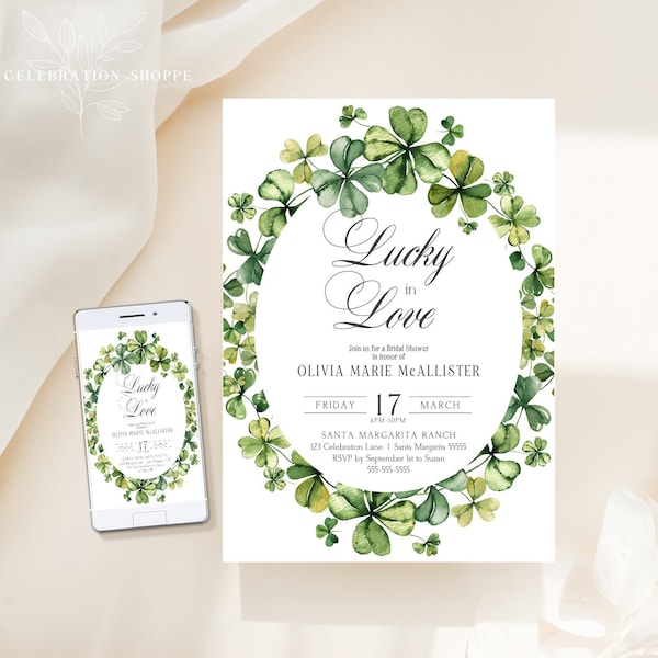St Patrick's Day Bridal Shower Invitation Template, Editable Lucky In Love Invitation, Clover, Irish Wedding Shower, DIY Printable C1