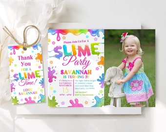 Editable Slime Invitation Glow Slime Party Photo Invitation Template Slime Thank You Tag Neon Printable Slime Birthday Invite Download SL1