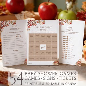Ensemble de jeux imprimables pour une baby shower sur le thème de l'automne et des pommes : Jeu « La prunelle de nos yeux » pour une baby shower d'automne, Pack d'activités pour une baby shower automnale, Modèle Canva F1B