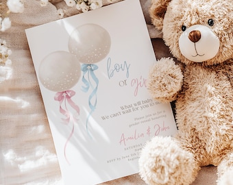 May include: A gender reveal invitation with the text "boy or girl" and "What will baby be?". The invitation features watercolor balloons with pink and blue ribbons. A plush teddy bear sits next to the invitation.