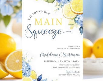 Editable She Found Her Main Squeeze Bridal Shower Invitation Canva Template Blue Yellow Lemon Theme Summer Brunch Floral Citrus Party BL1