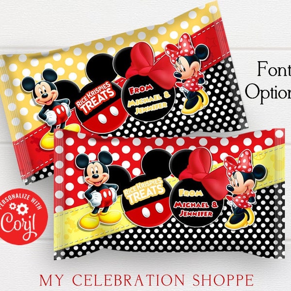 EDITABLE Mickey and Minnie Mouse .78oz Rice Treats Label, Printable Rice Treats Wrapper Template Twins Instant Download Corjl MT2 M7