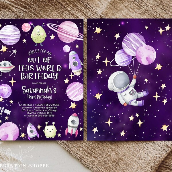 Girl's Purple Outer Space Invitation Template Girl's Out Of This World Space Birthday Invitation Blast Off Download Printable Template SP