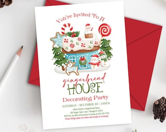 Gingerbread House Decorating Party Invitation, Editable Blue Gingerbread Decorating Invitation, Christmas Cookie Party, DIY Edit Corjl GB