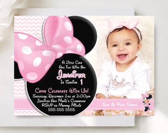 Pink Chevron Minnie Mouse Birthday Invitation Baby Pink Minnie Mouse Photo Invitation Printable Light Pink Minnie Mouse Photo Invite M1