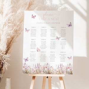 Editable Baby Shower Seating Chart Template Pink Butterfly Seating Chart Baby Shower Sign Wildflower Seating Poster Girl Shower Canva FP2