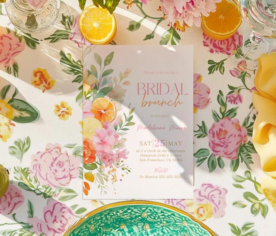 Editable Citrus Bridal Shower Invitation Bridal Brunch Invite Lemon Orange Floral Wedding Shower Mediterranean Theme Template FC2