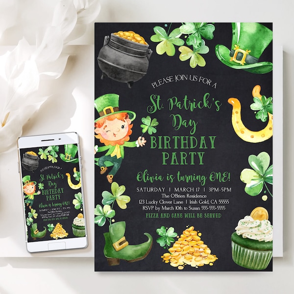 Editable St. Patrick's Day Birthday Invitation Shamrocks Clover Party Invite Lucky One Gold Green 1st First Printable Editable Download C2