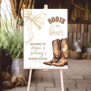Editable Boots or Bows Gender Reveal Welcome Sign Western Baby Shower Welcome Poster Rustic Cowboy Boots Bow Country Party Sign Template BB3
