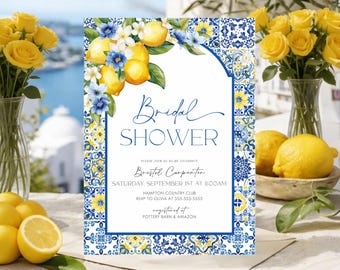 Italian Blue Tile Lemon Bridal Shower Invitation Template Mediterranean Main Squeeze Invite Editable Arched Canva Invitation MT1