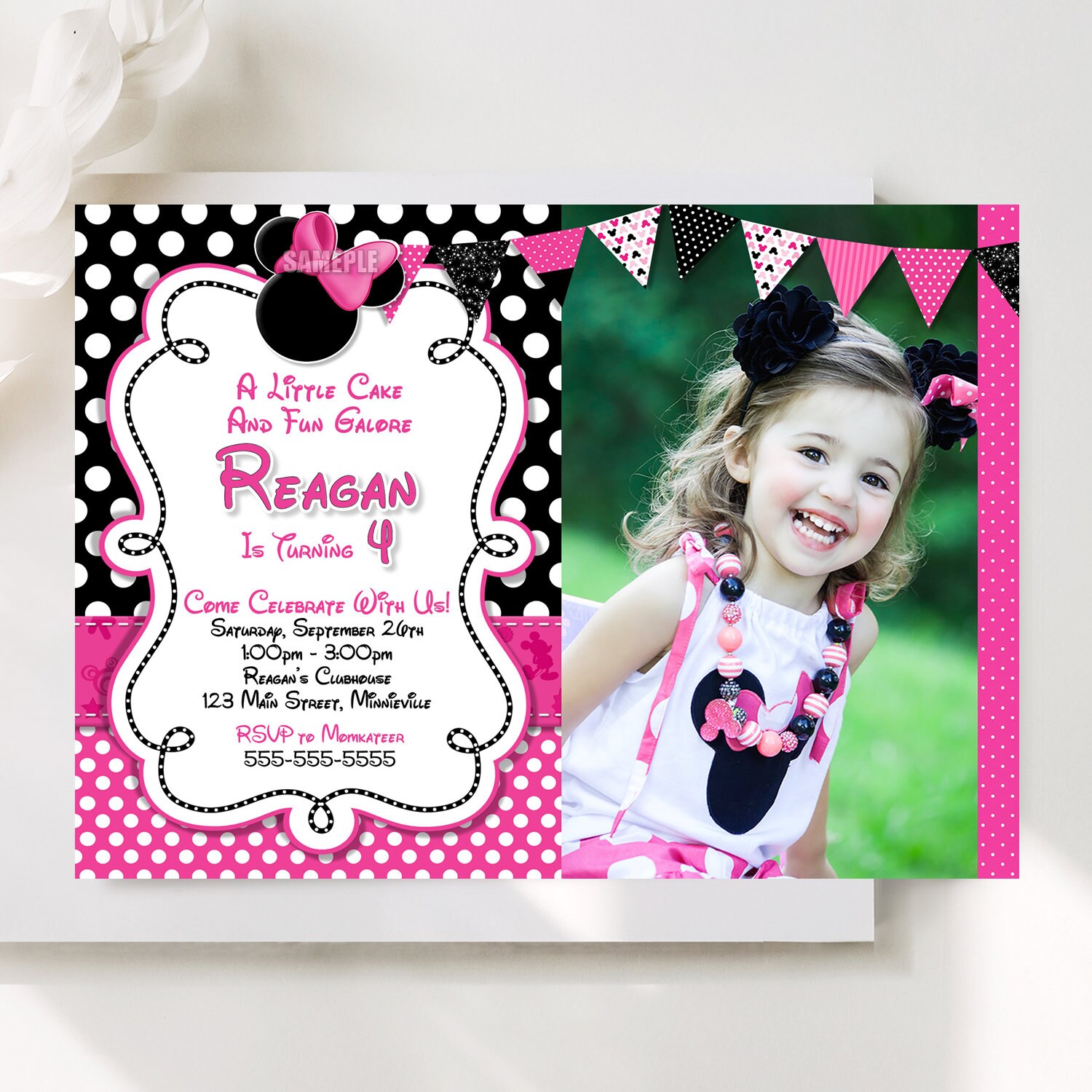 Minnie Mouse Birthday Party Invitation Template Pink Black Minnie Mouse Photo Invitation Printable Polka Dot Minnie Mouse