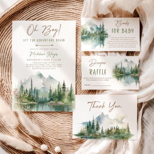 Ensemble d'invitations modifiables pour baby shower de montagne Oh mon garçon, que l'aventure commence, modèle de suite d'invitations de baby shower de lac de montagne Canva MT4