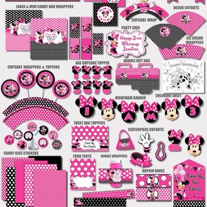 Pink Minnie Mouse Party Decorations Bundle, Printable Pink Minnie Mouse Birthday Party Bundle, Minnie Mouse Birthday Party Favors Decor M4