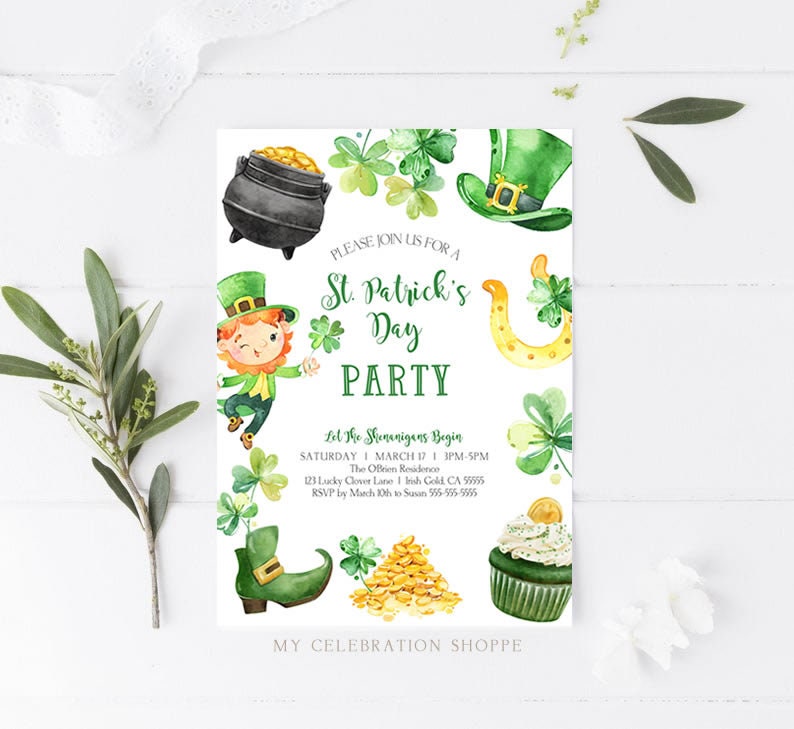 St Patrick's Day Party Invitation Template, Editable St Paddys Day Invitation, Printable St Patrick's Day Invitation Instant download C2 image 2