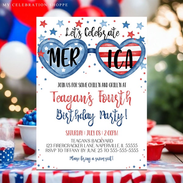 Fourth Of July Birthday Invitation Fourth Of July Girls Birthday Invitation Birthday Invitation Red White Blue Invitation Merica Mer Ica