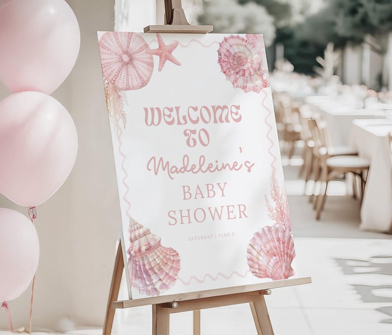 Editable Seashell Baby Shower Table Sign Shell Be Here Soon Buffet Sign ...