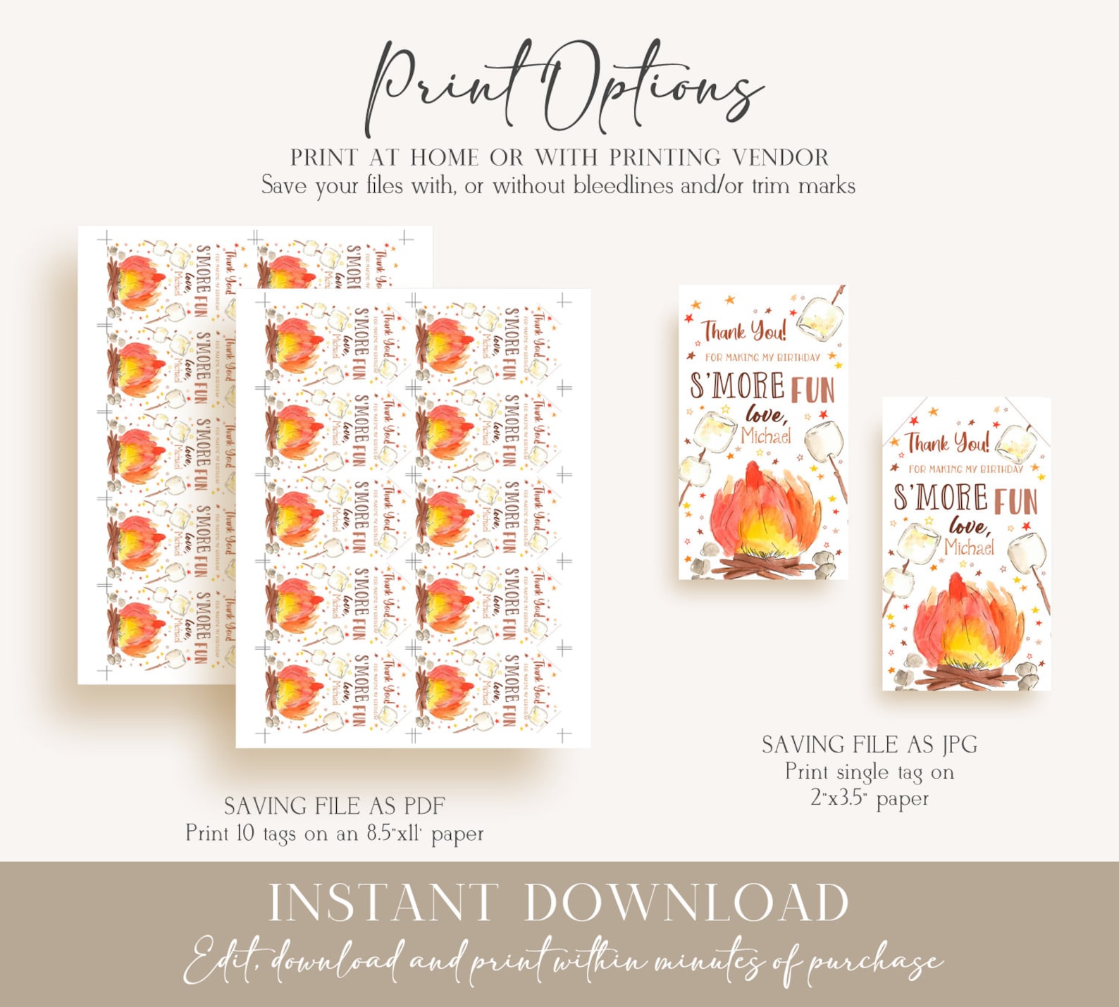 Smores Birthday Thank You Tags Template Favor Tags Printable - Etsy