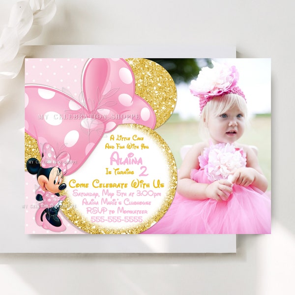 EDITABLE Minnie Mouse Invitations, Light Pink and Gold Minnie Mouse Photo Invitation, Minnie Mouse Birthday Party Invitations Download M2