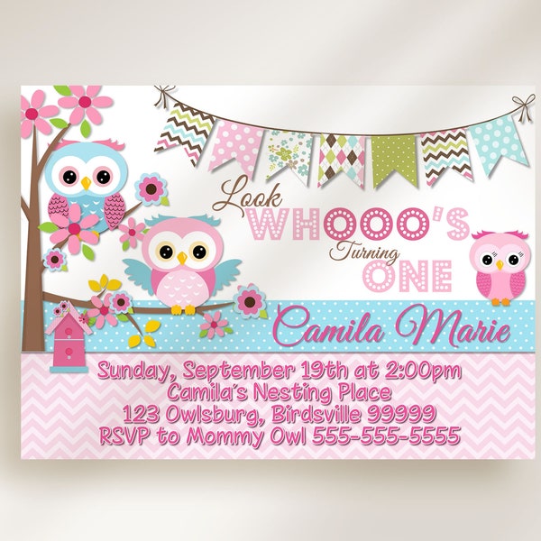 EDITABLE Owl Birthday Invitation / Girl's Owl Birthday Invitation / Girl's Owl Birthday Party / Instant Download / Corjl / 1st Birthday