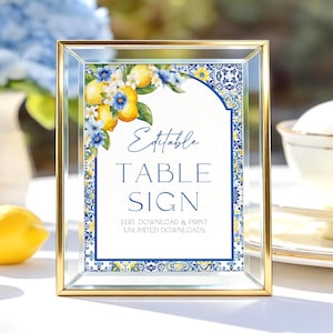 Editable Mediterranean Tile Lemons Custom Sign Amalfi Coast Italian Blue Tile Sign Yellow Azulejo Tile & Lemon Printable Canva Template MT1
