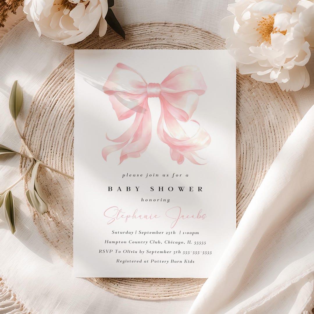 Editable Pink Bow Baby Shower Invitation Baby Girl Shower Invite ...