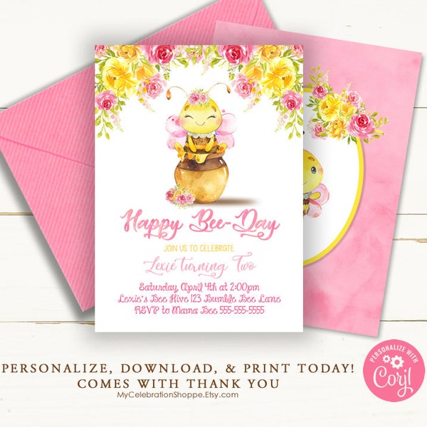 EDITABLE Bee Birthday Invitation, Girl's Bee-Day Birthday Invitation, Girl's Honey Bee Birthday Party, Instant Download, Corjl, 1st Birthday