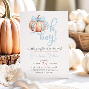Könnte beinhalten: Eine weiße, rechteckige Einladungskarte für eine Babyparty mit einem Aquarell-Kürbis in Orange und einer hellblauen Schleife. Der Text lautet Oh boy! A little pumpkin is on the way! please join us for a baby shower honoring Charlene Raftin Saturday October 25 2PM-5PM PUMPKIN SPICE TEA HOUSE 123 Pumpkin Bow Lane, Chicago RSVP by October 5th to 555-555-5555 Registered at your store.