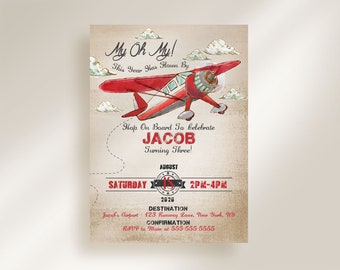 Gray & Red Vintage Plane Invitation Template Airplane Birthday Invitation Vintage Plane Invitation Vintage Airplane Airplane Party Birthday