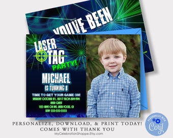 Editable Laser Tag Photo Invitation, Neon Laser Tag Birthday Invitation, Glow Laser Tag Birthday Party, Instant Download, Corjl, Invitations