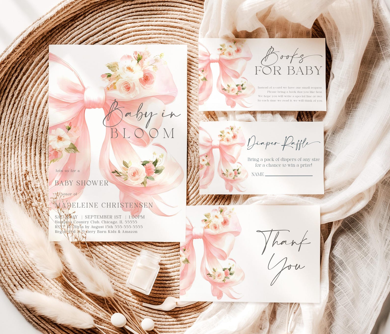 Editable Blush Pink Bow Baby Shower Invitation Suite Baby in Bloom ...