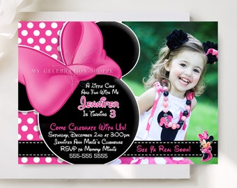 EDITABLE Minnie Mouse Birthday Invitation Template Pink Minnie Mouse Photo Invitation Printable Pink Polka Dot Minnie Mouse Photo Invite M4