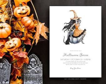 Halloween Soiree Party Invitation Template Minimalist Adult Witch Pumpkin Halloween Invite Printable Halloween Costume Party Download AH