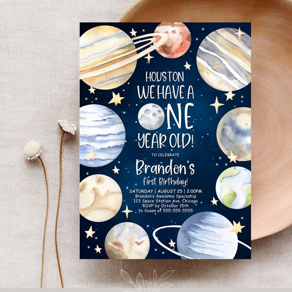 Houston We Have A One Year Old Outer Space Birthday Invitation Template Blue Blast Off First Trip Around the Sun Download Printable SP1