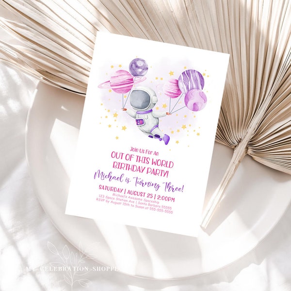 Minimalist Girl's Space Birthday Invitation Template Girl's Printable Editable Minimalist Out Of This World Invitation Galaxy Download SP