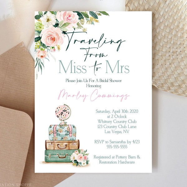 EDITABLE Traveling From Miss to Mrs Bridal Shower Invitation Template Printable Floral Travel Bridal Shower Invitation Instant Download TR1