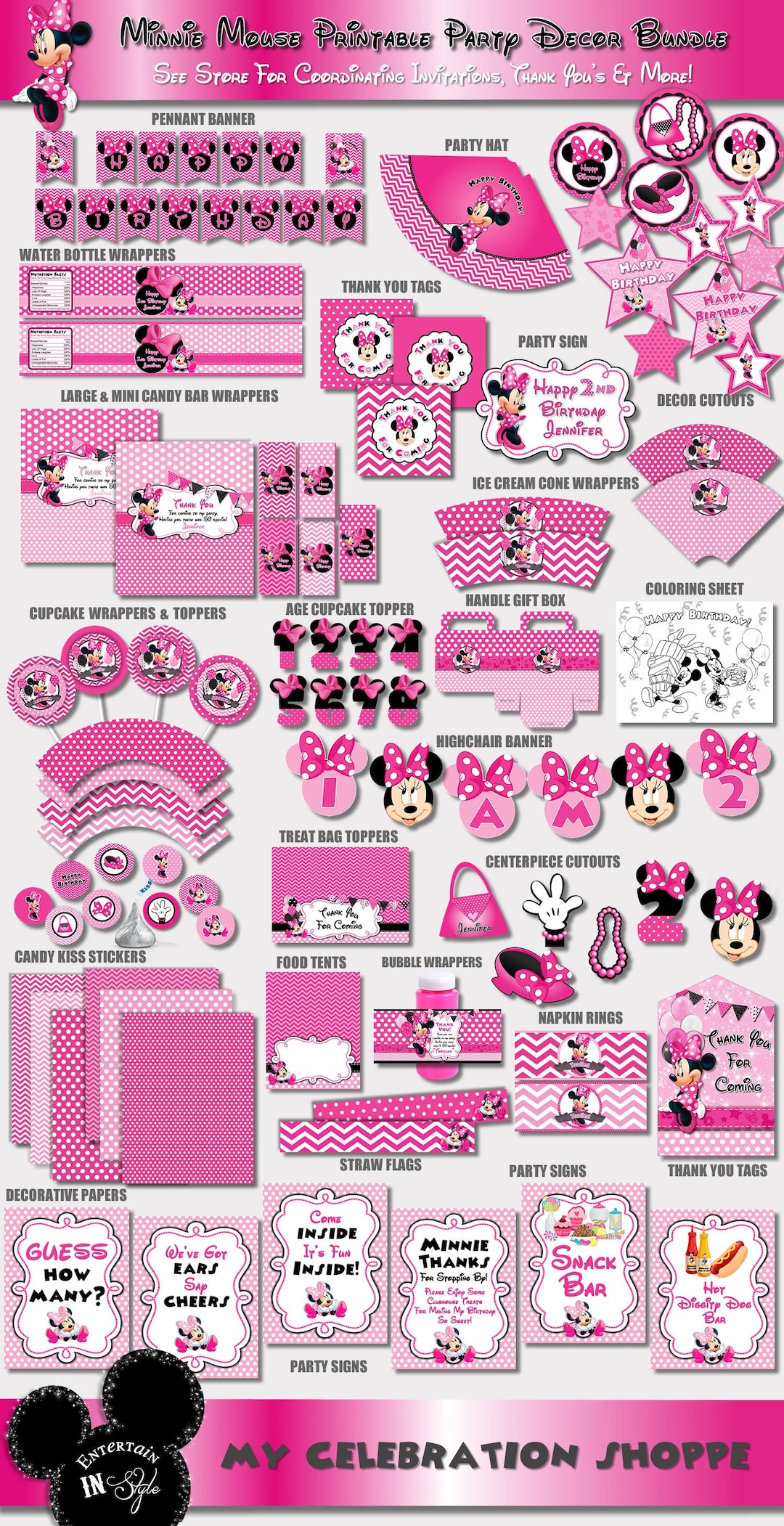 Pink Minnie Mouse Party Decorations Bundle, Printable Pink Minnie Mouse ...