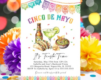 Cinco de Mayo Party Invitation Editable Cinco De Mayo Invitation Printable Fiesta Invitation Mexican Theme Margarita and Chips Corjl C5