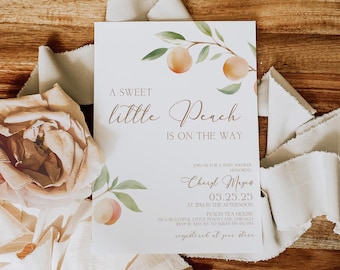 May include: A rectangular white invitation card featuring watercolor peach illustrations with green leaves. The text reads: A SWEET little Peach IS ON THE WAY, JOIN US FOR A BABY SHOWER HONORING, Cheryl Mayes, 05.25.25 AT 2PM IN THE AFTERNOON, PEACH TEA HOUSE.