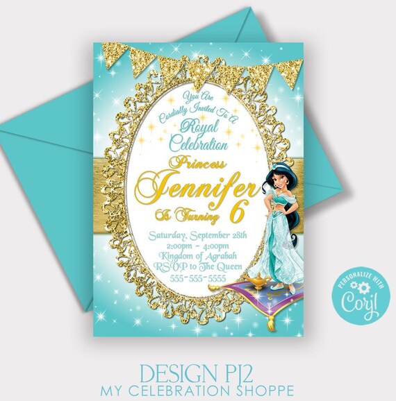Invitations & Announcements Princess Jasmine Invitation EDITABLE