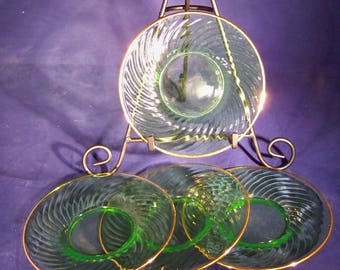 Bread and Butter Plates in Spiral Green with Gold Trim by Anchor Hocking  --  #C140080