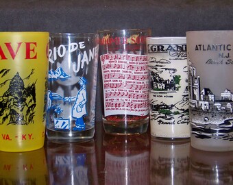 Route 66 - 1950s Driving Vacation Souvenir Glasses, Family Vacation Memories, Large SET OF 9! - Frosted and Clear glass. (+++)  --- #C140091
