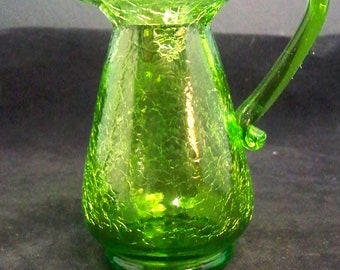 Small Green Crackled Glass, Depression Style Glass, Wide Mouth Pitcher - Unknown Manufacturer   ---   #C140286