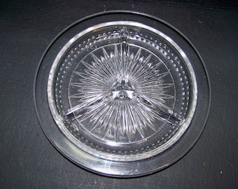 Vintage Clear Glass Relish Dish - 8 3/8" inch, 3 Part Divided Dish With Raised Beaded Detail And Starburst Bottom   ---   #C140340