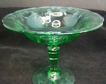 Tall Footed, Compote Dish, Ribbed, Floral Wreath Etched - Plain Green Glass   ---   #C140278