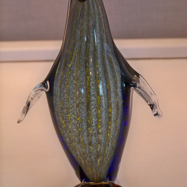 White & Cobalt Murano Style Art Glass with mixed colors and glitters Penguin Figurine. Hand Fused - Dynasty Gallery C140028